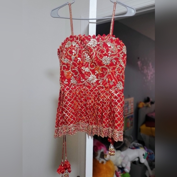 Red Readymade Embroidered Suit With Bandhej Sharara - Picture 2 of 9